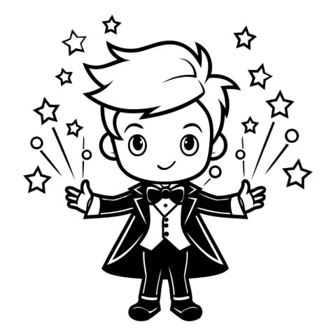 Black and White Cartoon Illustration of a Boy Wearing a Tuxedo w