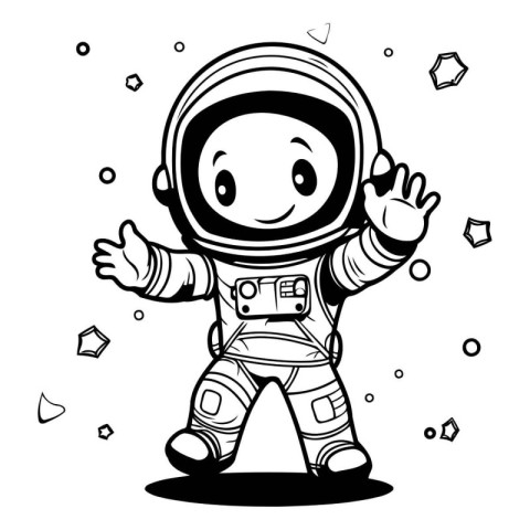 Cartoon astronaut waving hand. Black and white vector illustrati