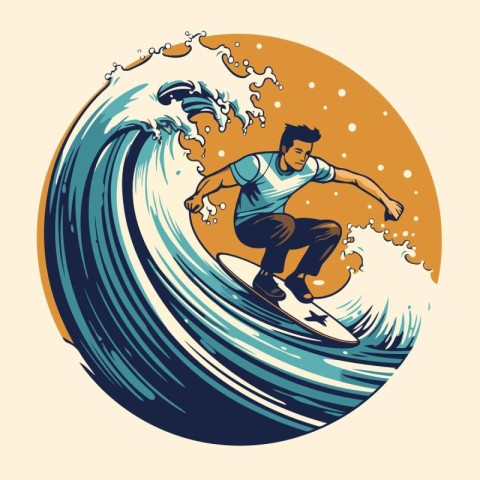 Surfer on the wave. Vector illustration in retro style. Design e