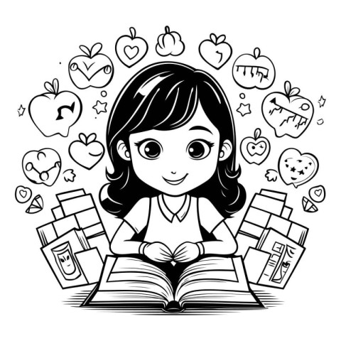 Girl reading a book. black and white vector illustration for col