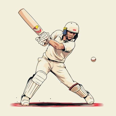 Cricket player in action with bat and ball. Vector illustration.