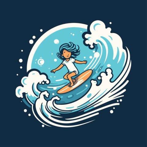 Surfer girl riding a wave. Vector illustration. Isolated on dark