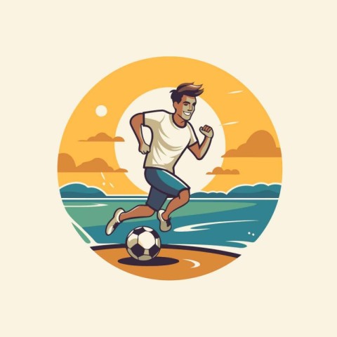 Soccer player on the beach. Vector illustration in retro style.