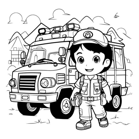 Black and White Cartoon Illustration of a Little Fireman or Fire