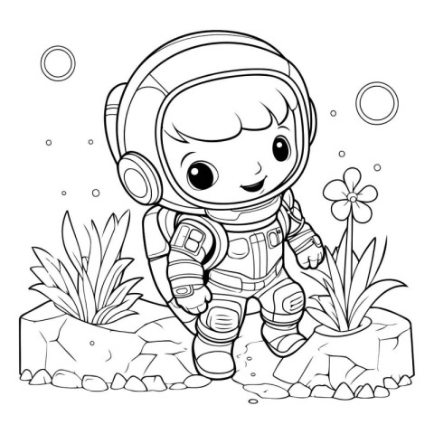 Coloring Page Outline Of a Cartoon Astronaut on the Rocks