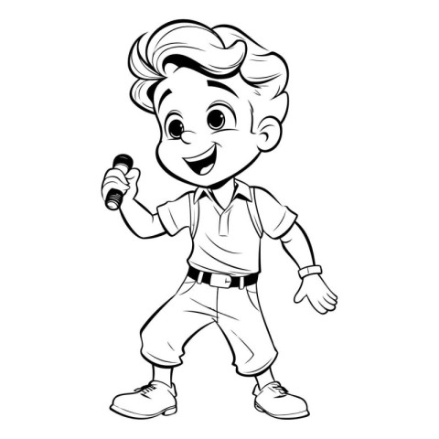 Cartoon boy singing karaoke with microphone. Vector illustration