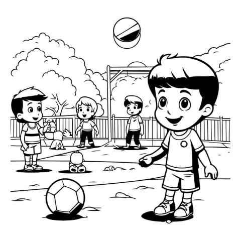 Black and white cartoon of a boy playing soccer with his friends