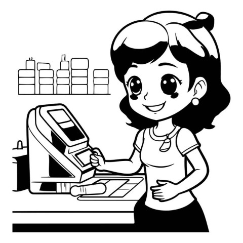 Girl at cash register - Black and White Cartoon Illustration. Ve