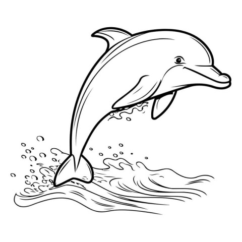 Dolphin jumping out of the water. Black and white vector illustr