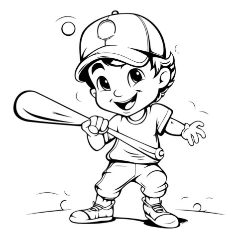 Little boy playing baseball - Black and White Cartoon Illustrati