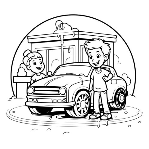 Black and White Cartoon Illustration of Kids Driving a Car for C