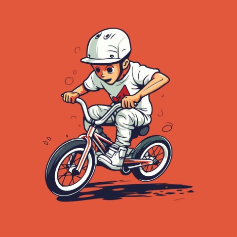 Vector illustration of a boy in helmet riding a bicycle on a red