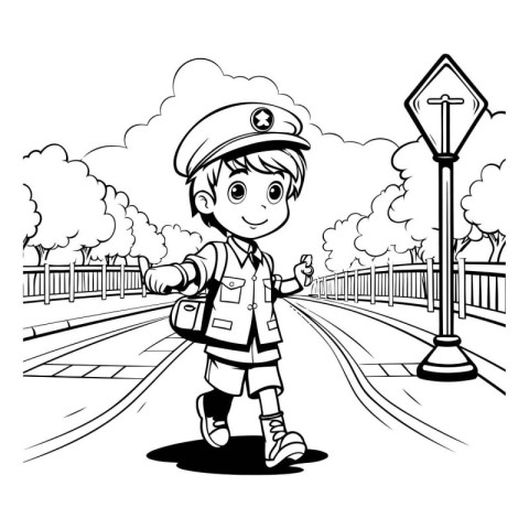 Cute little boy in police uniform walking on the street. Vector