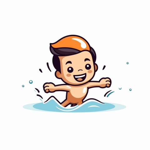 Cute little boy swimming in the pool. Cartoon character. Vector