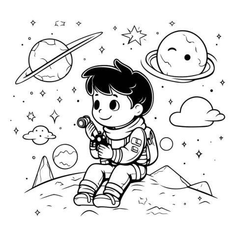 Astronaut boy in outer space. Vector illustration for coloring b