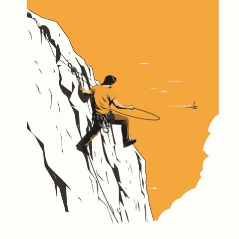 Vector illustration of a man climbing on a cliff with a rope.