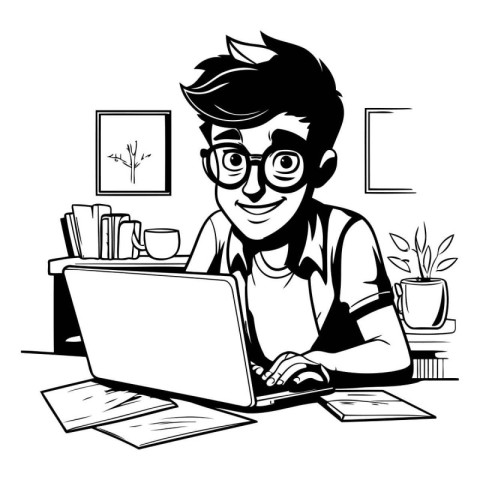 Young man working at home with a laptop. Vector illustration in