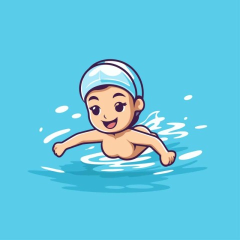 Cute little boy swimming in the pool. Cartoon vector illustratio