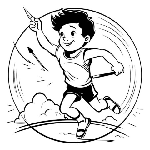 Cartoon Illustration of a Boy Jumping or Running with Dartboard