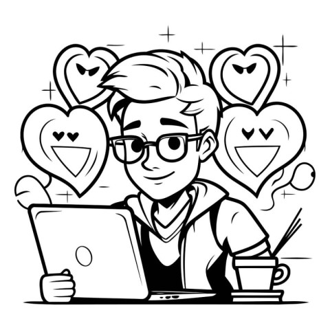 Black and White Cartoon Illustration of Man with Laptop or Table