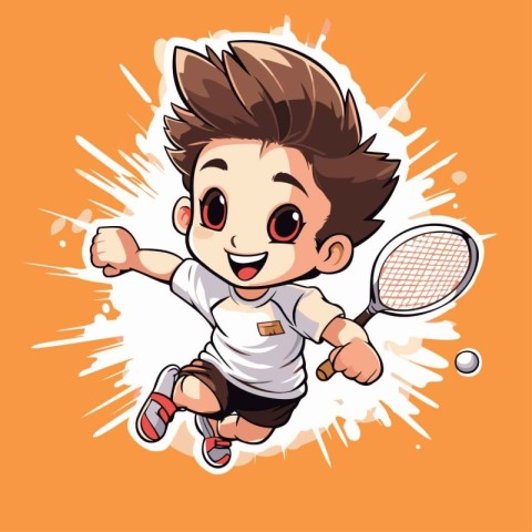 Cartoon boy playing badminton. Vector illustration for your desi