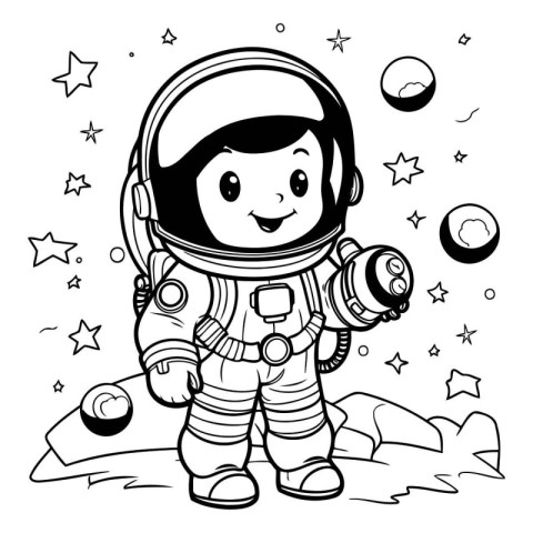 Cute astronaut in space. Vector illustration. Coloring book.