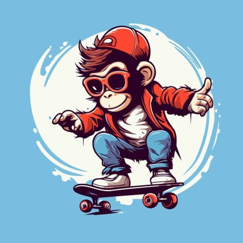 Monkey riding skateboard and showing thumbs up. Vector illustrat