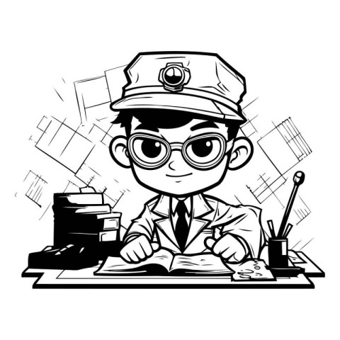 Cartoon policeman with a book and a gavel. Vector illustration.