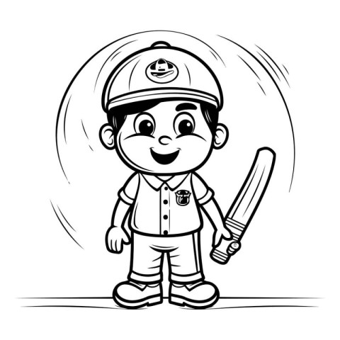 Firefighter Boy with a Knife - Black and White Cartoon Illustrat