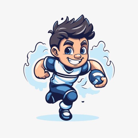 Cartoon rugby player running with ball. Vector illustration of s