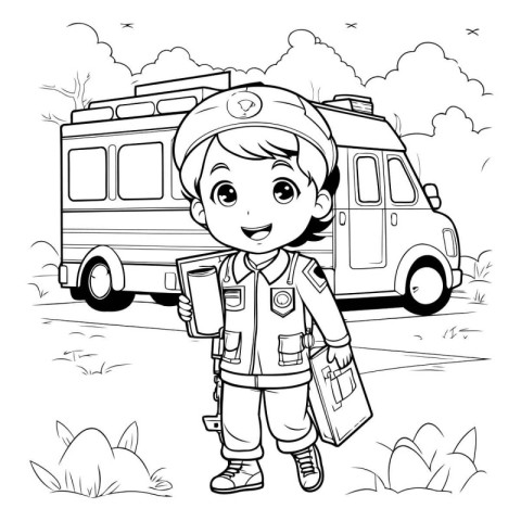 Black and White Cartoon Illustration of Little Boy Carrying a Cu