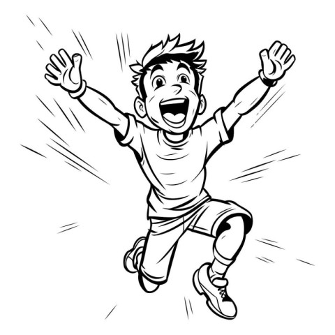 Cartoon image of a boy jumping with his arms raised in joy.