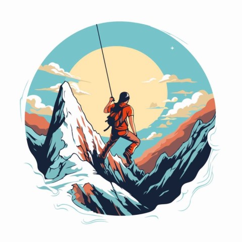 Climber on the mountain peak. Vector illustration in flat style