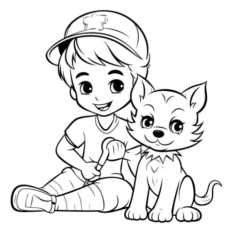 Coloring Page Outline Of a Little Boy and a Cute Dog