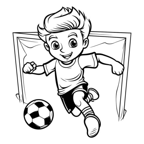 Soccer player kicking the ball - black and white vector illustra