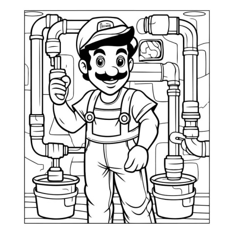 Plumber with water pipes. Black and white illustration for color