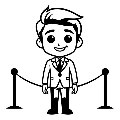 Businessman with rope barrier - Black and White Cartoon Vector I