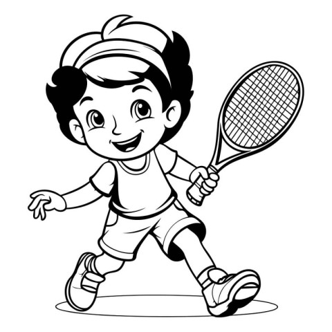 Little Boy Playing Tennis - Black and White Cartoon Illustration