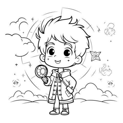 Coloring Page Outline Of a Kid Boy With Magnifying Glass