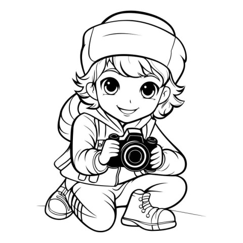 Cute little boy with camera. Vector illustration for coloring bo