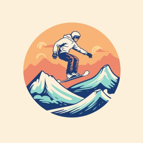 Snowboarder jumping on a mountain top. Vector illustration in re