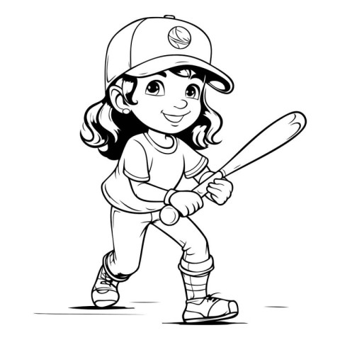 Little girl baseball player with bat. Vector illustration for co