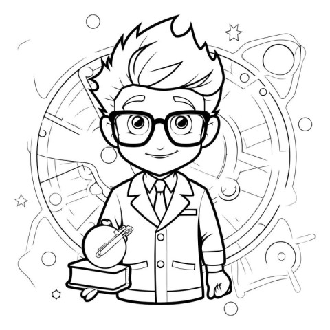 Black and White Cartoon Illustration of Boy Student or Professor