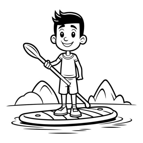 Cartoon boy paddling a kayak on a lake. Vector illustration.