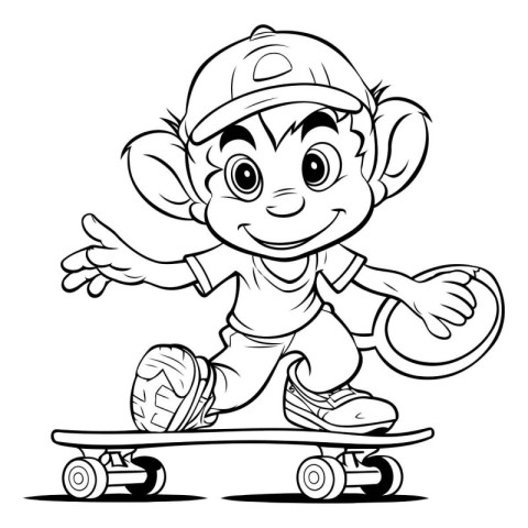 Monkey Skateboarding - Black and White Cartoon Illustration.