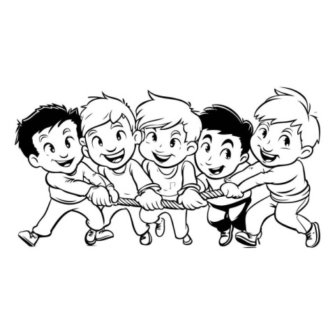 Happy kids playing tug of war. Hand drawn cartoon vector illustr