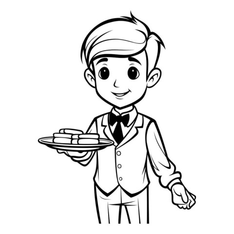 Cartoon illustration of a young waiter holding a tray of food.