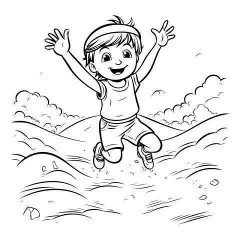 Boy jumping in the water. black and white vector illustration fo