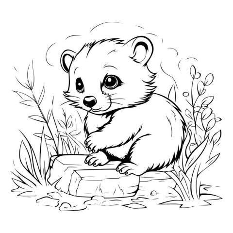 Cute ferret sitting on a stump in the grass. Vector illustration