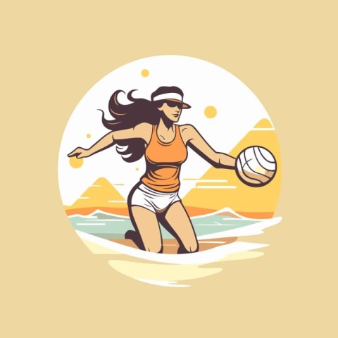 Volleyball player on the beach. Vector illustration in retro sty